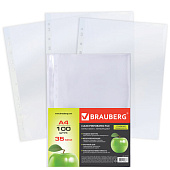 Папки-файлы перфорированные, А4, BRAUBERG, комплект 100 шт., гладкие, "Яблоко", 0,035 мм, 221710 Папки-файлы перфорированные, А4, BRAUBERG, комплект 100 шт., гладкие, "Яблоко", 0,035 мм, 221710